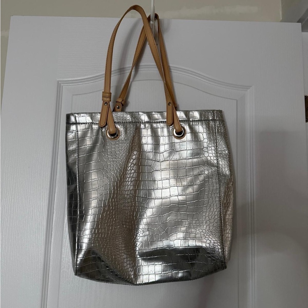 Jessica Metallic Silver Tote with Tan Straps